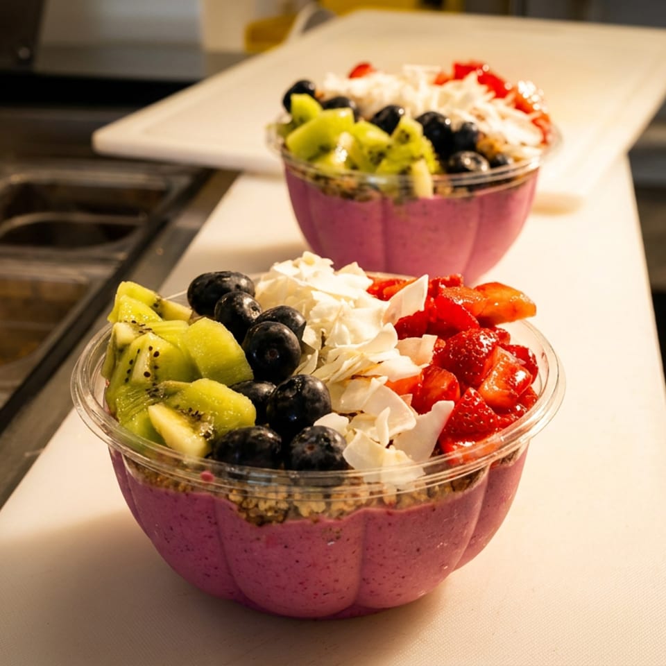 Two colorful smoothie bowls topped with kiwi, blueberries, strawberries, coconut, and granola on a restaurant counter.