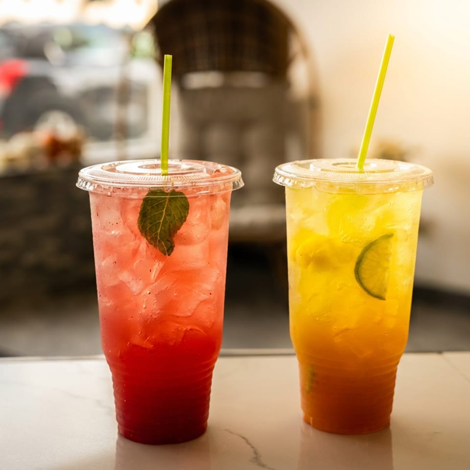 Two colorful iced fruit drinks in clear cups with straws and garnishes, displayed on a café counter.